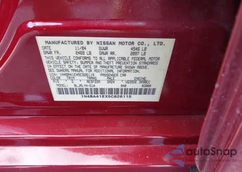 2005 Nissan Maxima 3.5 Se z USA, uszkodzony, nr VIN 1N4BA41EX5C826115